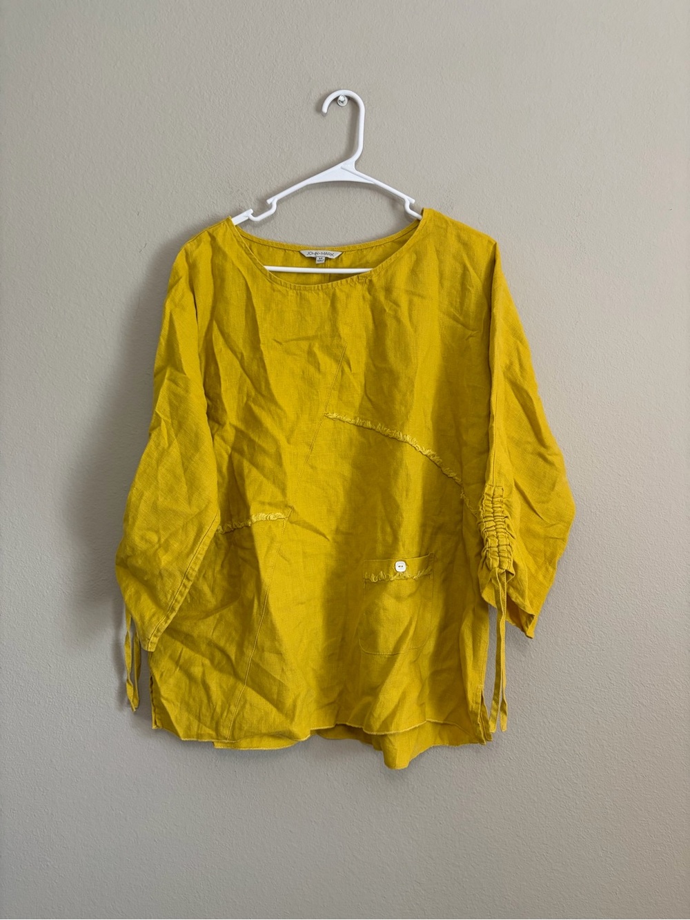 John Mark yellow linen cinch sleeve tunic top lightweight perfect for summer